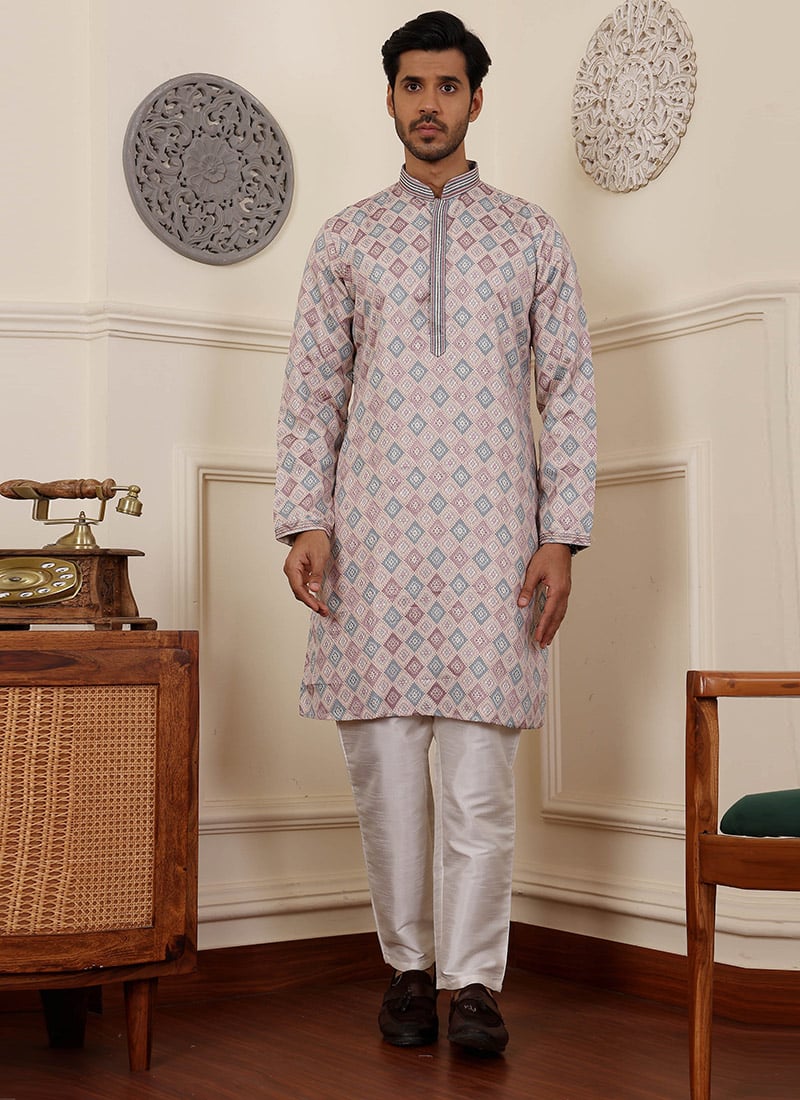 Cream Viscose Jacquard Kurta