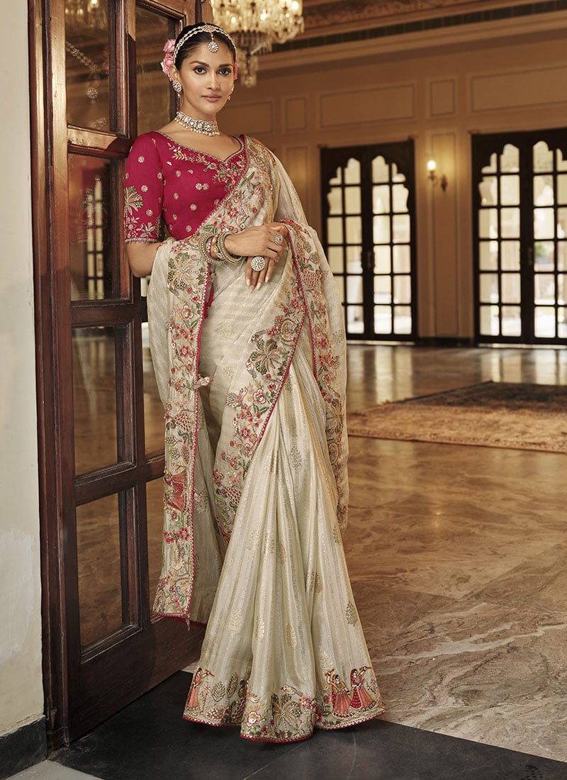 Cream Viscose Jacquard Silk Zari And Sequins Embroidered Saree Festive Wear