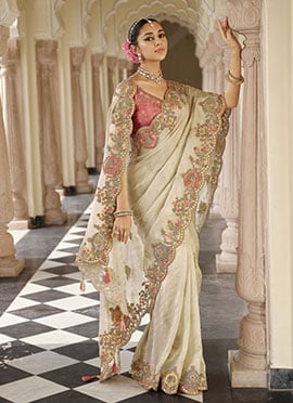 Cream Viscose Jacquard Silk Zari And Sequins Embroidered Saree