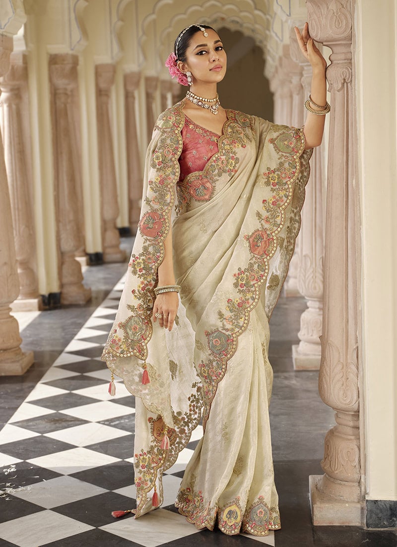 Cream Viscose Jacquard Silk Zari And Sequins Embroidered Saree Festive Wear
