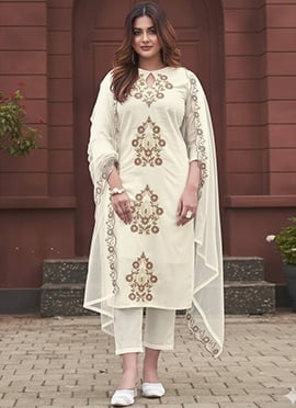 Cream Viscose Rayon Embroidered Straight Pant Suit