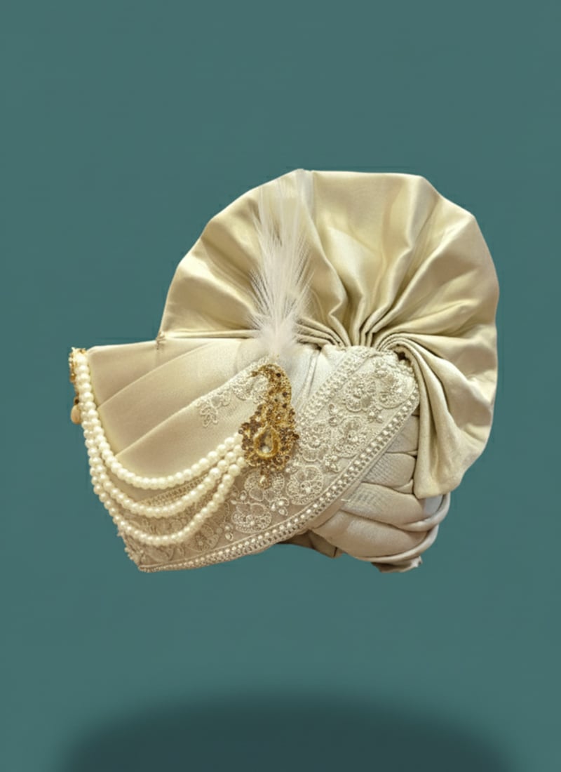 Cream Viscose Sequins Embroidered Turban With Brooch
