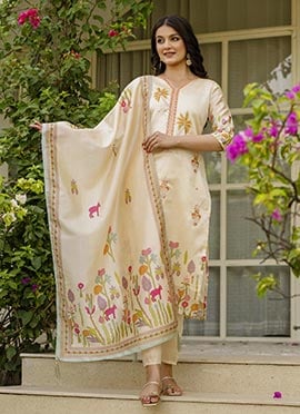 Cream Viscose Silk Embroidered Beads Printed Straight Pant Suit