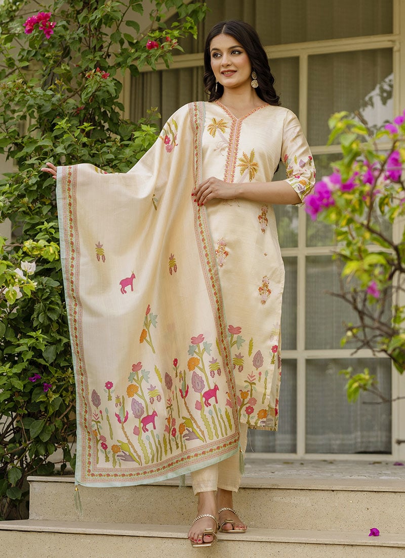 Cream Viscose Silk Embroidered Beads Printed Straight Pant Suit After Six Wear