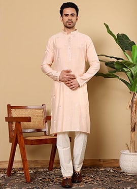 Cream Viscose Silk Embroidered Kurta Pyjama