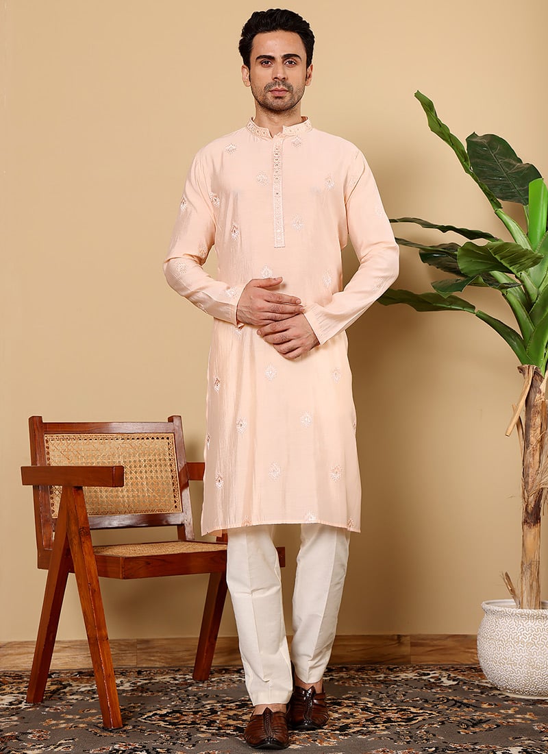 Cream Viscose Silk Embroidered Kurta Pyjama Festive Wear