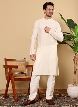 Cream Viscose Silk Embroidered Kurta Pyjama