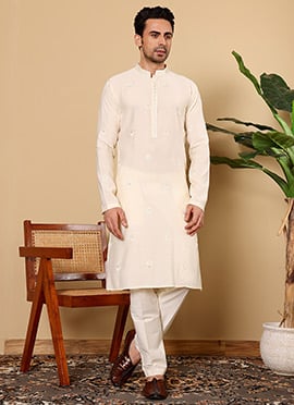 Cream Viscose Silk Embroidered Sequin Kurta For Men