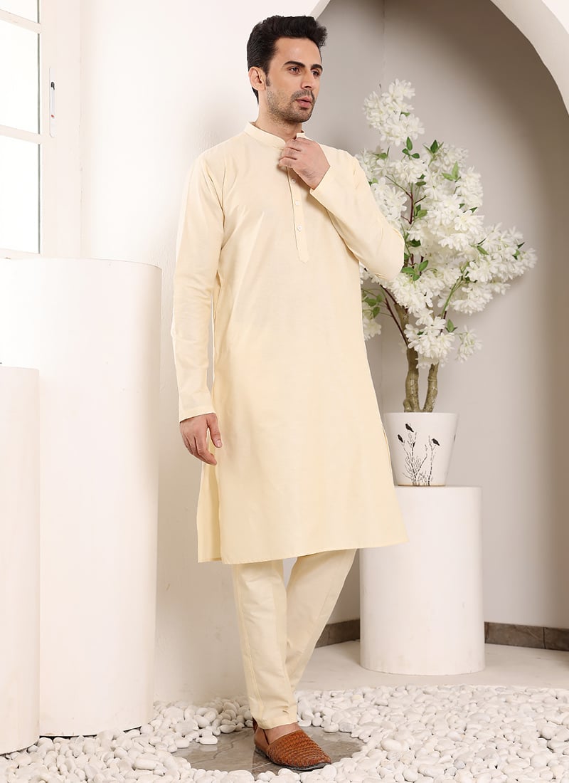 Cream Viscose Silk Kurta Pyjama Festive Wear