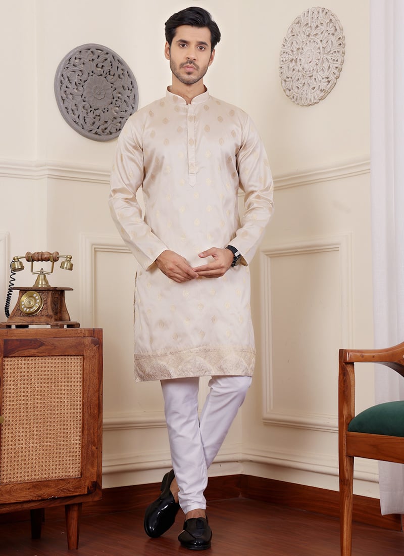 Cream Viscose Woven Jacquard Kurta Pyjama Festive Wear