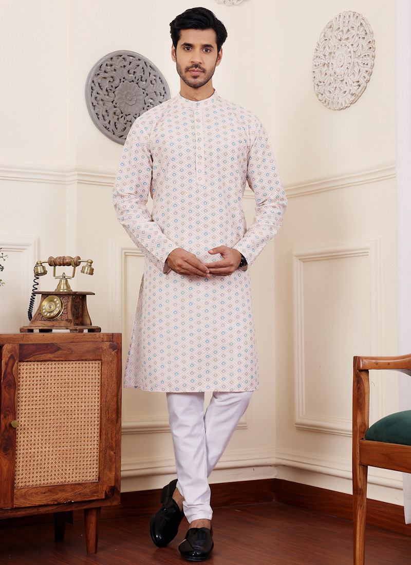 Cream Viscose Woven Jacquard Kurta Pyjama Festive Wear