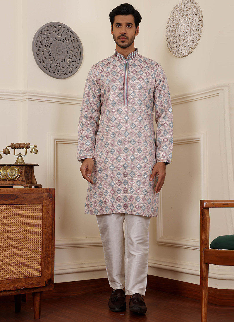 Cream Viscose Woven Jacquard Kurta Pyjama Festive Wear