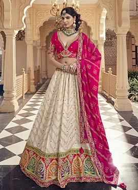 Cream Viscose Zari Embroidered Sequins Stone Work Jacquard Lehenga