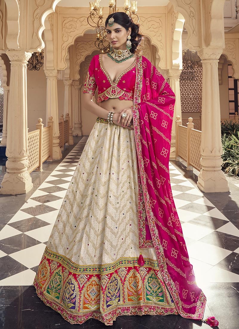 Cream Viscose Zari Embroidered Sequins Stone Work Jacquard Lehenga Wedding Wear