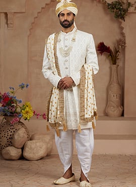 Cream Viscose Zari Embroidered Sequins Work Mens Stole