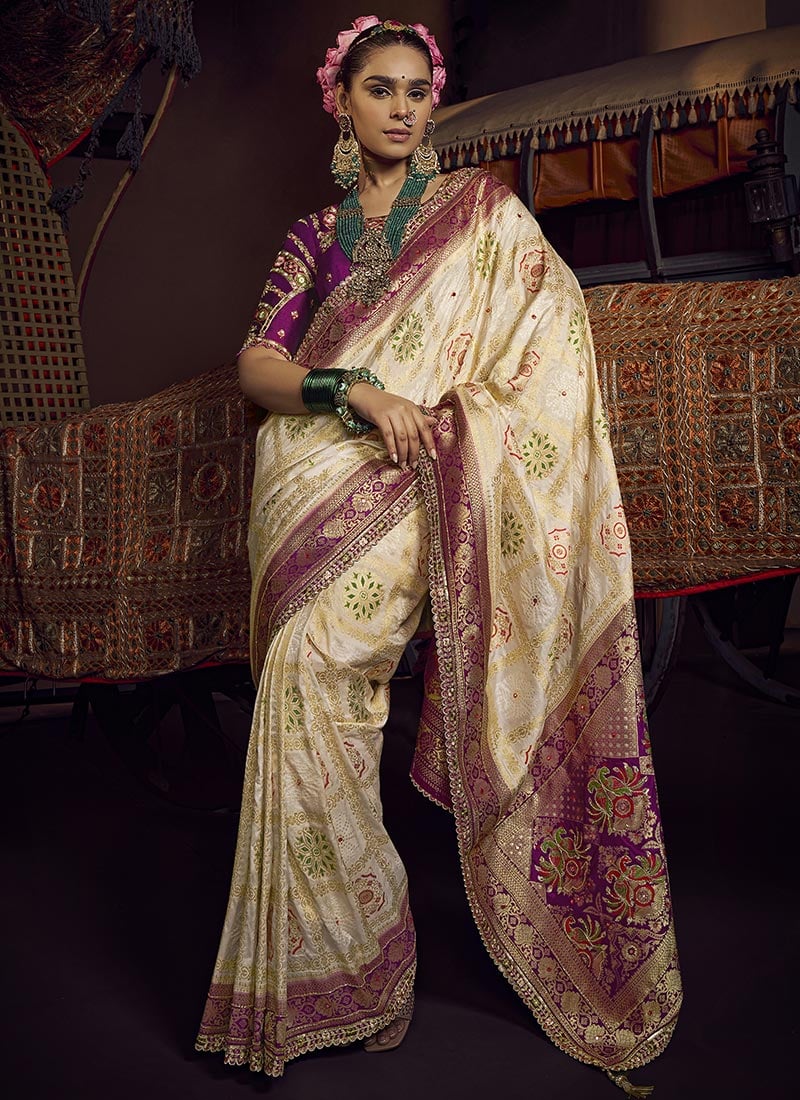 Cream Viscose Zari Hand Embroidered Sequins Saree Wedding Wear