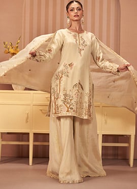 Cream Zardosi Sequins Embroidered Shimmer Palazzo Suit