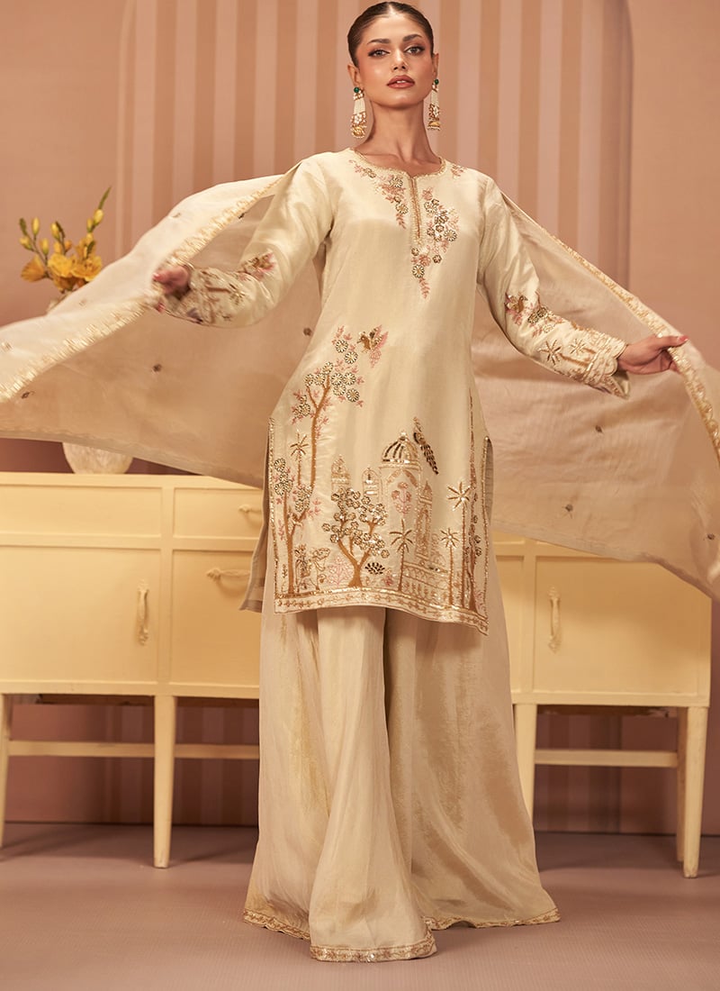 Cream Zardosi Sequins Embroidered Shimmer Palazzo Suit Festive Wear