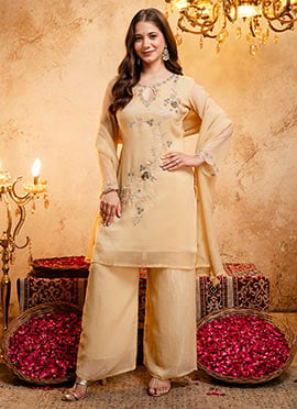 Cream Zari Embroidered Sequins Silk Palazzo Suit