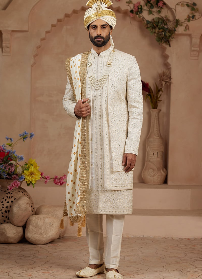 Cream Zari Embroidered Stone Work Indowestern Sherwani  Wedding Wear