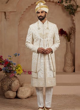 Cream Zari Embroidered Stone Work Indowestern Sherwani