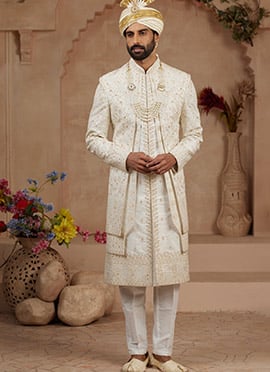 Cream Zari Embroidered Stone Work Indowestern Sherwani