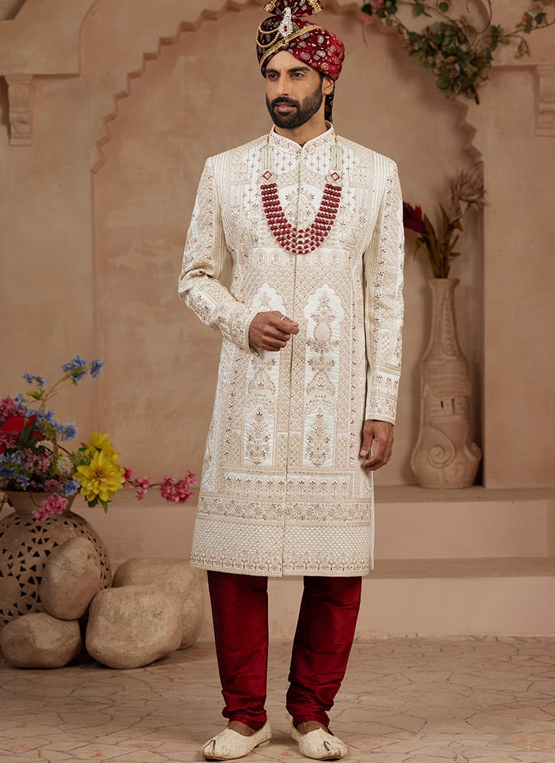 Cream Zari Embroidered Stone Work Indowestern Sherwani  Wedding Wear