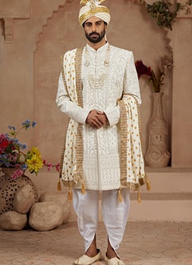 Cream Zari Embroidered Stone Work Indowestern Sherwani With Dhoti Style Pants