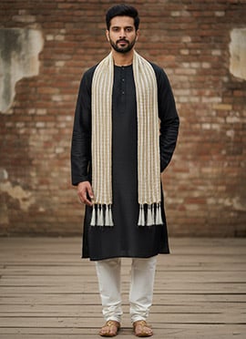 Off White Zari Malmal Silk Mens Stole