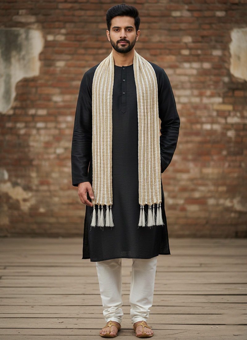 Off White Zari Malmal Silk Mens Stole