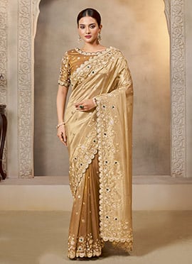 Cream Zari Tissue Silk Zardosi Hand Embroidered Sequins Kundan Work Saree