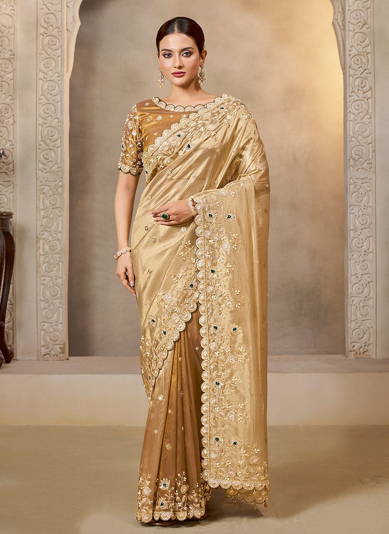 Cream Zari Tissue Silk Zardosi Hand Embroidered Sequins Kundan Work Saree  Festive Wear