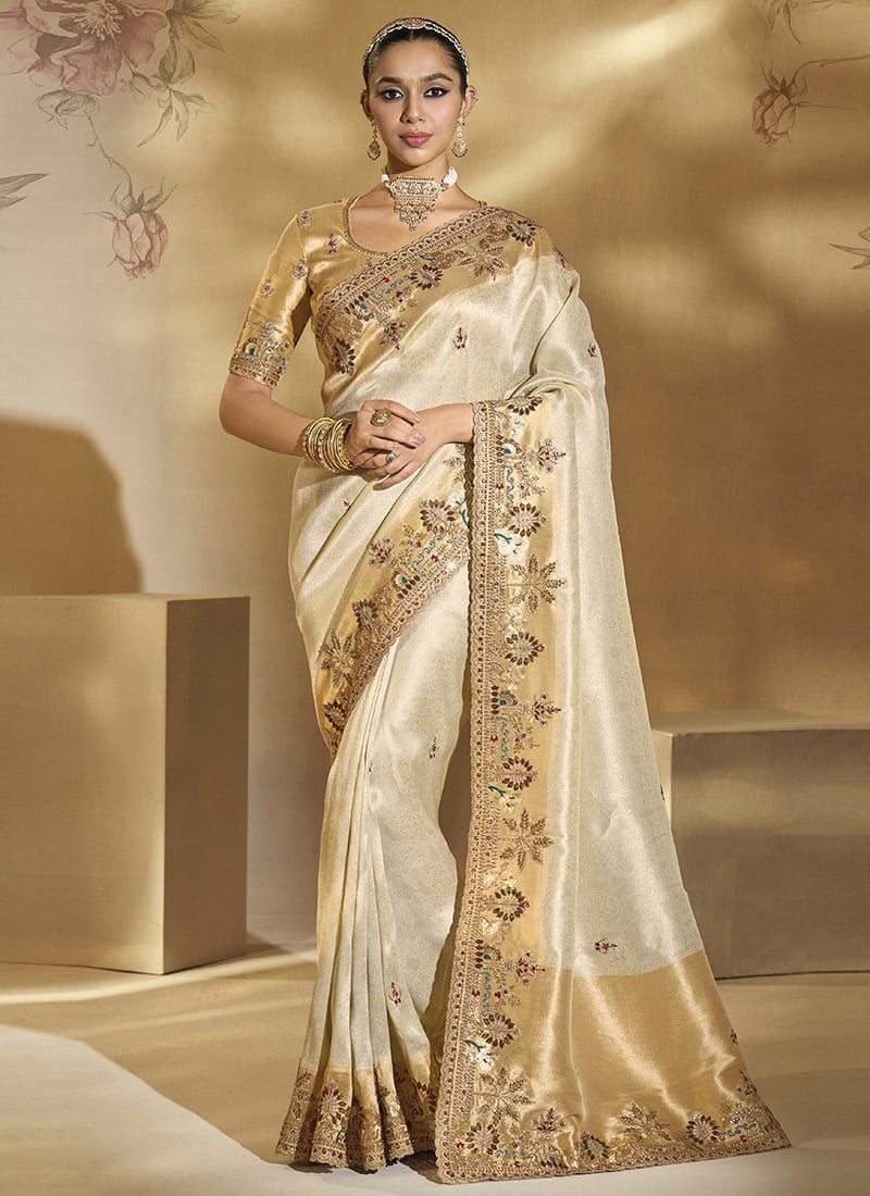 Cream Ziraf Silk Zardosi Beads Sequins Zari Thread Cutdana Saree