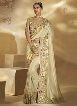 Cream Ziraf Silk Zari Moti Sequins Embroidered Zari Thread Cutdana Saree