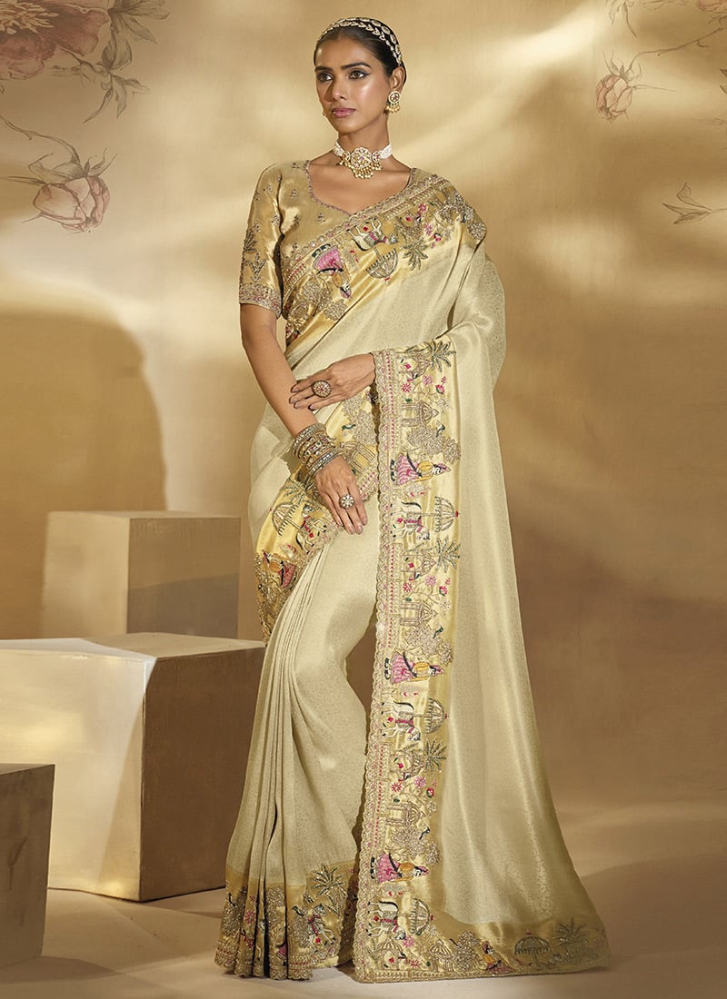 Cream Ziraf Silk Zari Moti Sequins Embroidered Zari Thread Cutdana Saree Wedding Wear
