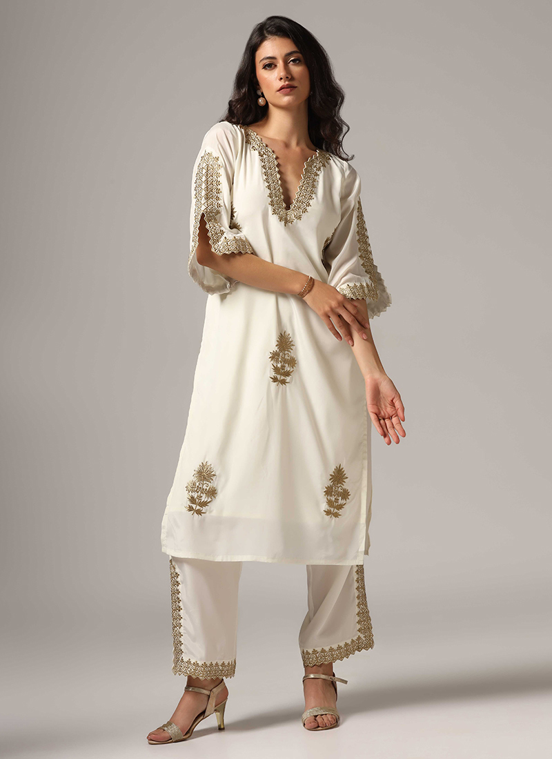 GASHI -  Pin Tucks Cream Kurta Trouser Set main image 0