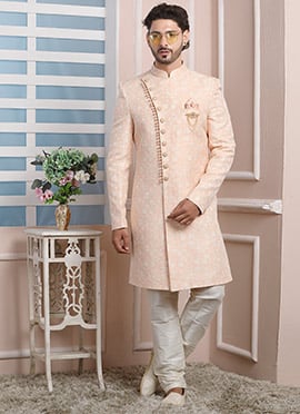 Crepe Pink Jacquard Silk Indowestern Sherwani