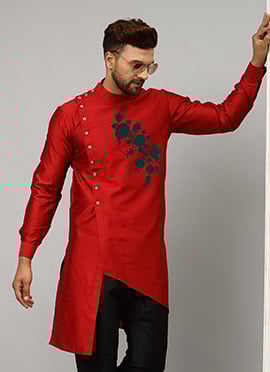 Crimson Red Art Dupion Silk Embroidered Kurta