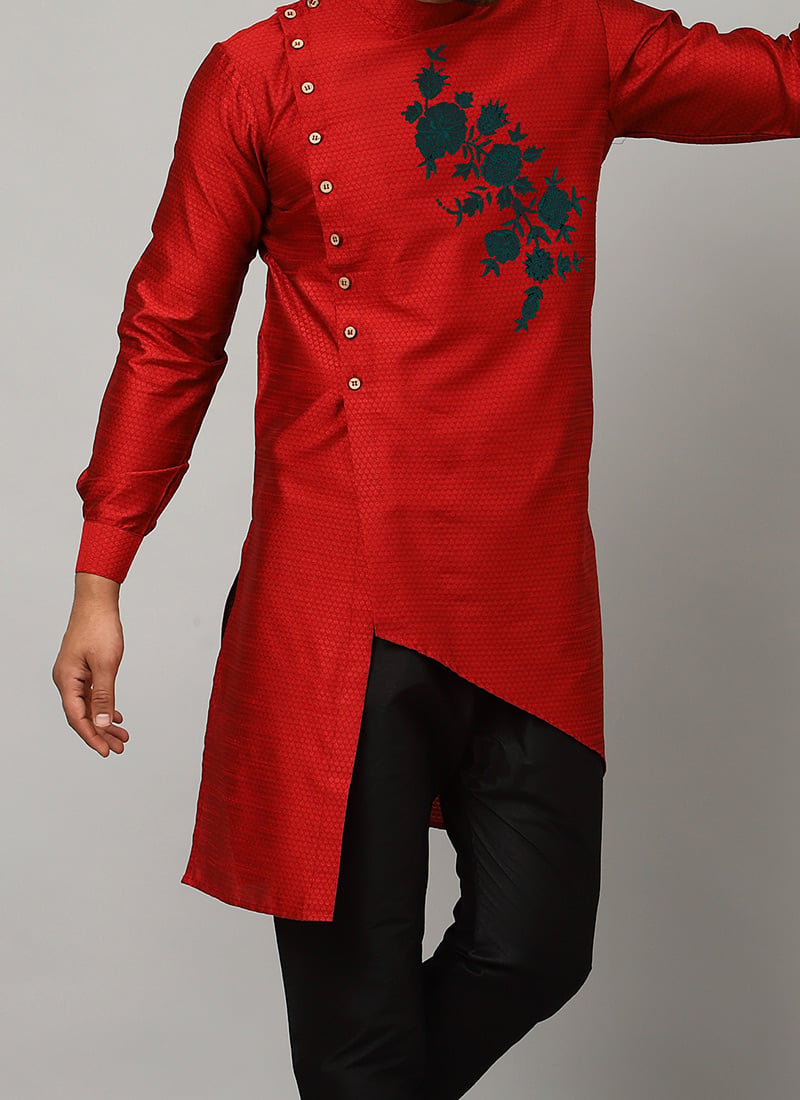Bright Fuchsia Red Asymmetric Dupion Silk Ombre Kurta main image 1