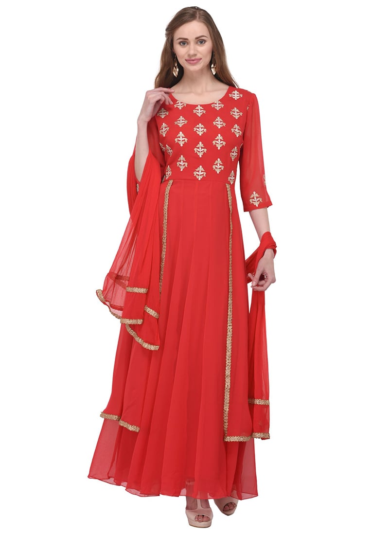 Crimson Red Georgette Embroidered Anarkali Suit Party Wear