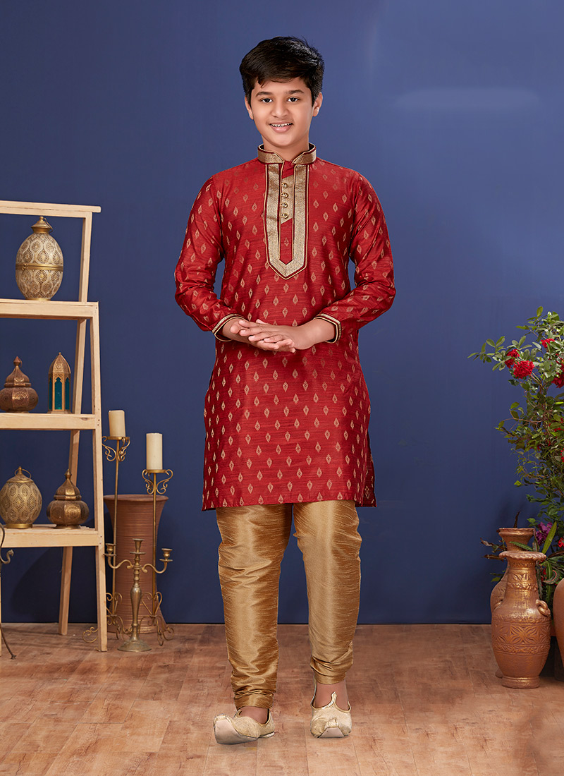 Crimson Red Jacquard Silk Kurta Pyjama