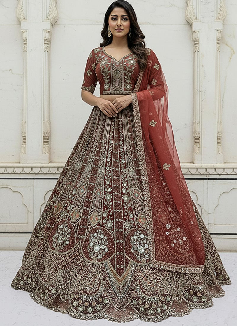 Crimson Red Organza Zari Sequins Stones Embroidered Thread Dori Umbrella Lehenga Wedding Wear
