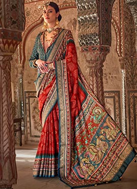 Cultural Heritage Red Viscose Silk Saree With Rajwadi Print Design