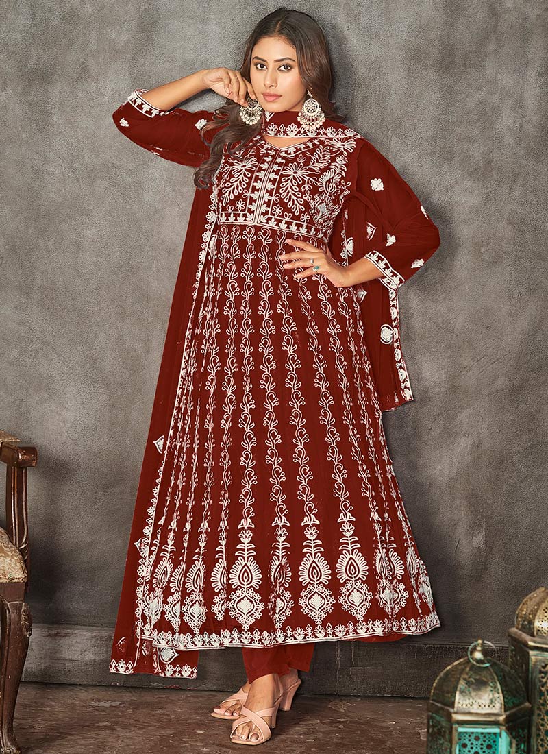 Cultural Net Embroidered Anarkali Suit Party Wear