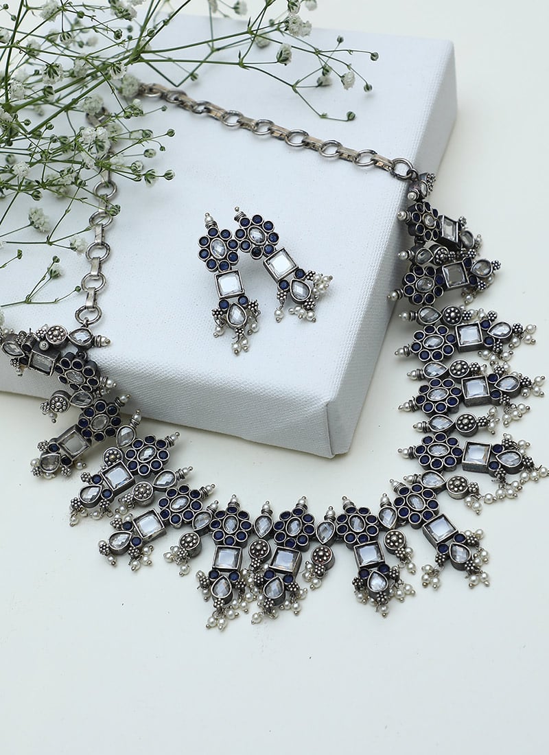 Cultural Silver Tone Handcrafted Brass Necklace With Earings Party Wear