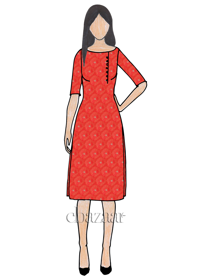 Custom Designed Coral Pink Paper Silk Knee Length Kurti Party Wear