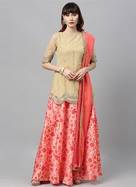 Beige Embroidered Long Choli Lehenga