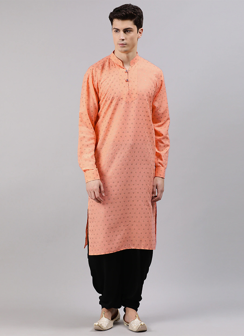 Peach Foil Print Dhoti Kurta Set