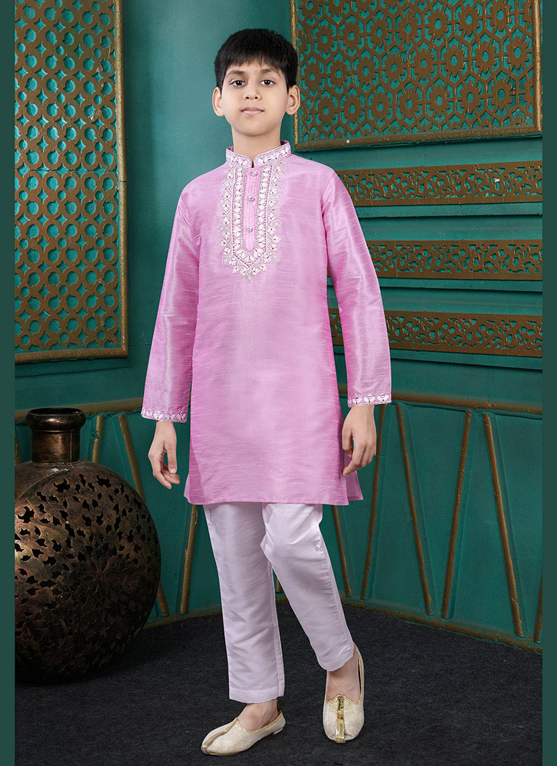 Cute Pink Art Silk Embroidered Kids Boys Kurta Pyjama Festive Wear