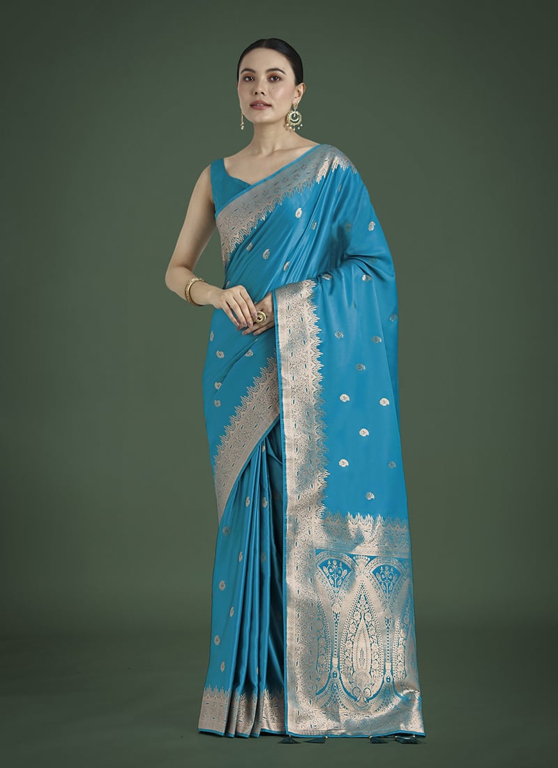 Cyan Blue Banarasi Satin Silk Zari Woven Saree Festive Wear